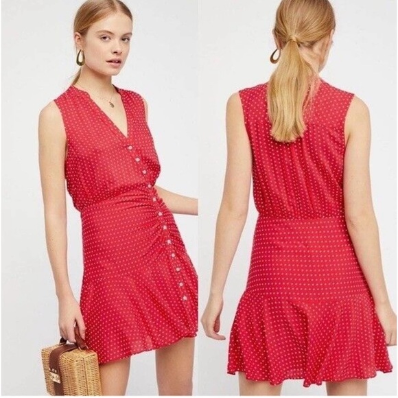 Free People Pippa Red Polka Dot Asymmetric Button Front Mini Dress ZB3 - Picture 4 of 10